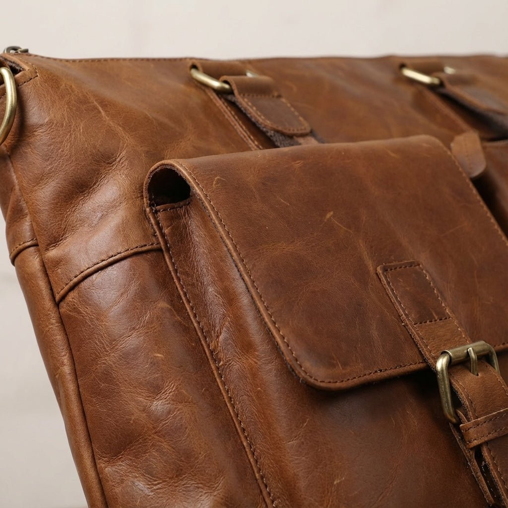 Leather laptop bag featuring an adjustable strap and a vintage design, spacious professional briefcase for men, ideal for work and travel. 3