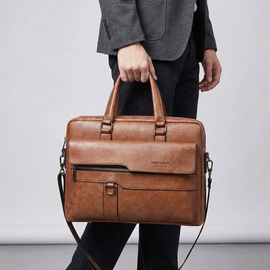 Black leather laptop bag with adjustable strap, designed for 14-inch laptops, featuring a professional and stylish briefcase design for men. 5