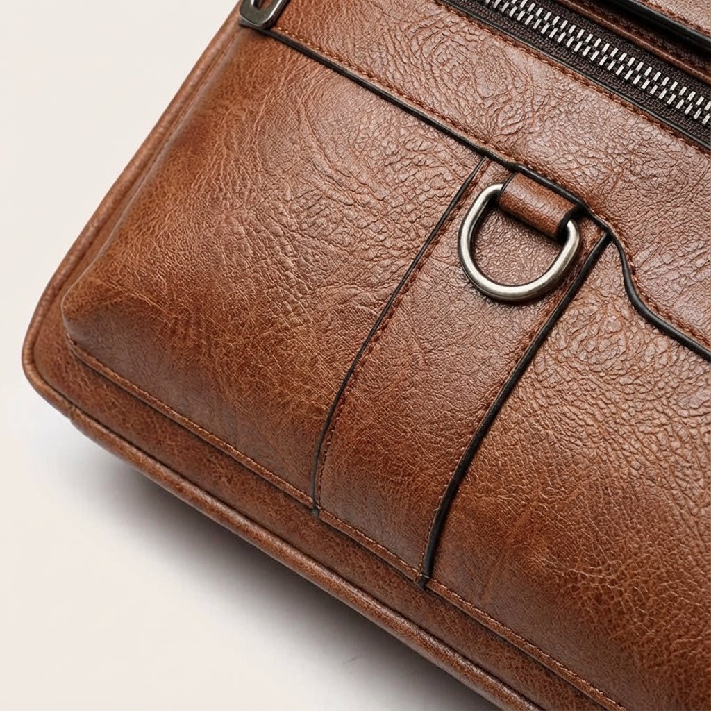 Black leather laptop bag with adjustable strap, designed for 14-inch laptops, featuring a professional and stylish briefcase design for men. 3