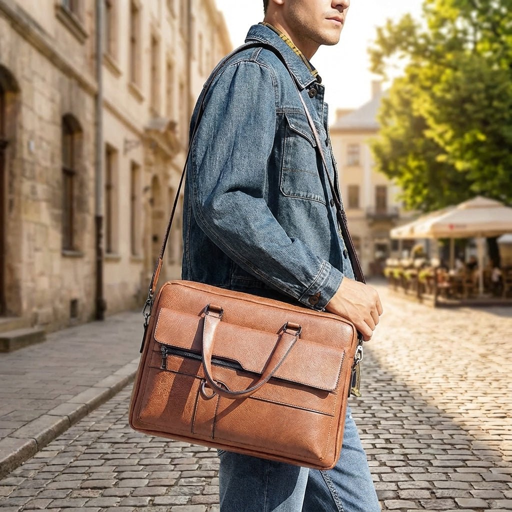 Black leather laptop bag with adjustable strap, designed for 14-inch laptops, featuring a professional and stylish briefcase design for men. 1