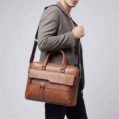 Black leather laptop bag with adjustable strap, designed for 14-inch laptops, featuring a professional and stylish briefcase design for men. 2