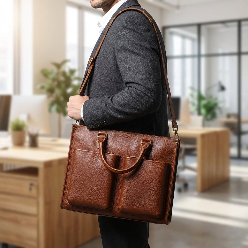 Leather laptop work bag featuring a spacious interior, adjustable strap, and designed to accommodate laptops up to 14 inches. 1