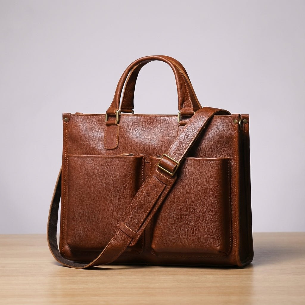 Leather laptop work bag featuring a spacious interior, adjustable strap, and designed to accommodate laptops up to 14 inches. 2
