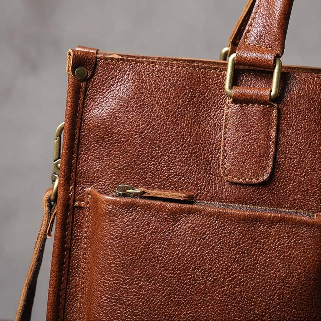 Leather laptop work bag featuring a spacious interior, adjustable strap, and designed to accommodate laptops up to 14 inches. 3