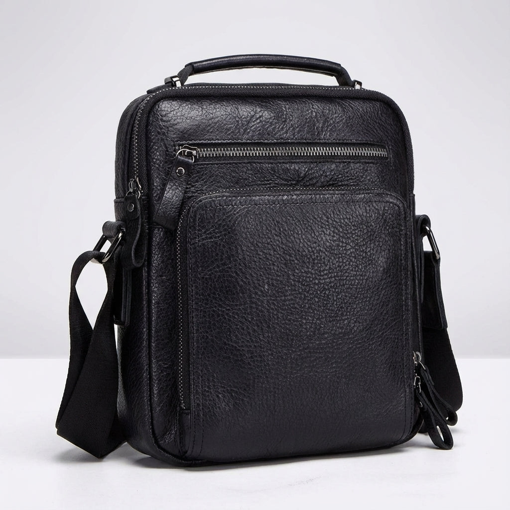 Leather Messenger Bag for Men with Adjustable Strap and Multiple Compartments – Black Genuine Leather Design 1