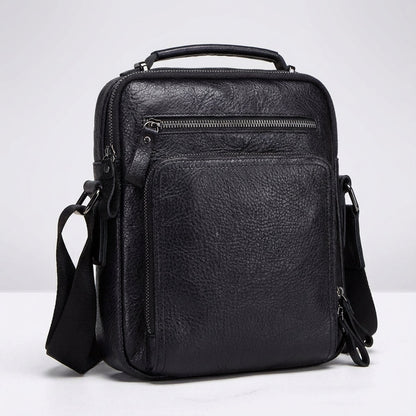Leather Messenger Bag for Men with Adjustable Strap and Multiple Compartments – Black Genuine Leather Design 1