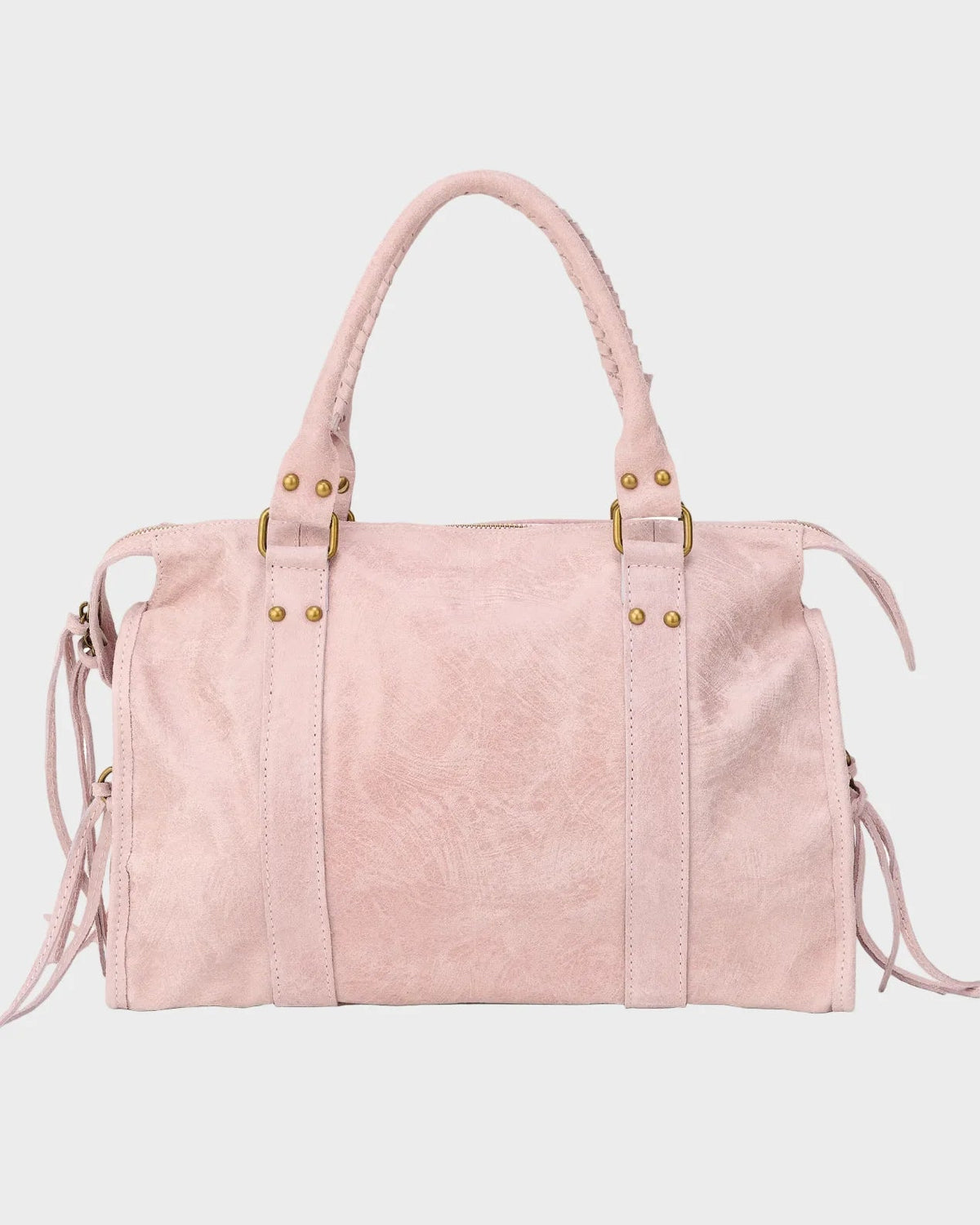 Leather tote bag in vanilla pink with zip closure and adjustable drawstring, featuring elegant gold-tone hardware, showcasing Italian design craftsmanship. 1