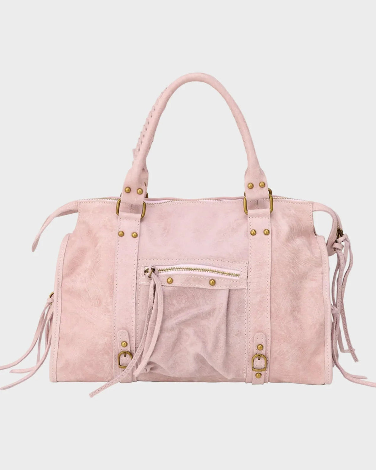 Leather tote bag in vanilla pink with zip closure and adjustable drawstring, featuring elegant gold-tone hardware, showcasing Italian design craftsmanship. 0