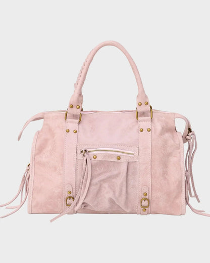 Leather tote bag in vanilla pink with zip closure and adjustable drawstring, featuring elegant gold-tone hardware, showcasing Italian design craftsmanship. 0