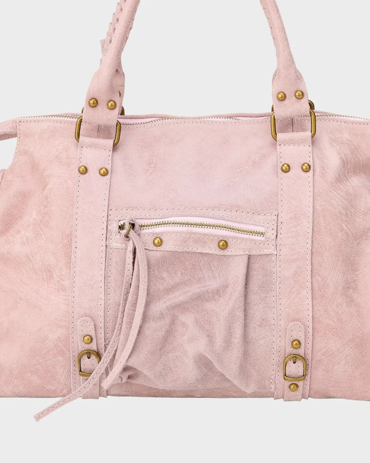 Leather tote bag in vanilla pink with zip closure and adjustable drawstring, featuring elegant gold-tone hardware, showcasing Italian design craftsmanship. 2