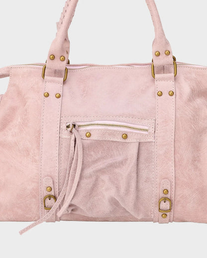 Leather tote bag in vanilla pink with zip closure and adjustable drawstring, featuring elegant gold-tone hardware, showcasing Italian design craftsmanship. 2