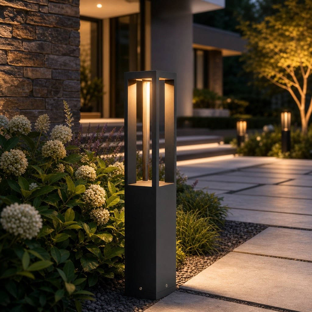 LED Bollard Light in black die-cast aluminum, featuring adjustable height for customizable outdoor landscape lighting. Ideal for pathways and gardens. 7