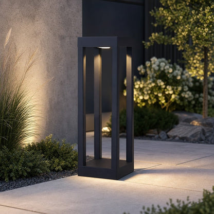 LED Bollard Light in black die-cast aluminum, featuring adjustable height for customizable outdoor landscape lighting. Ideal for pathways and gardens. 6