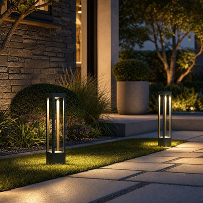 LED Bollard Light in black die-cast aluminum, featuring adjustable height for customizable outdoor landscape lighting. Ideal for pathways and gardens. 4