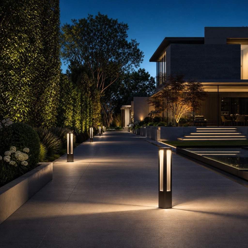 LED Bollard Light in black die-cast aluminum, featuring adjustable height for customizable outdoor landscape lighting. Ideal for pathways and gardens. 5
