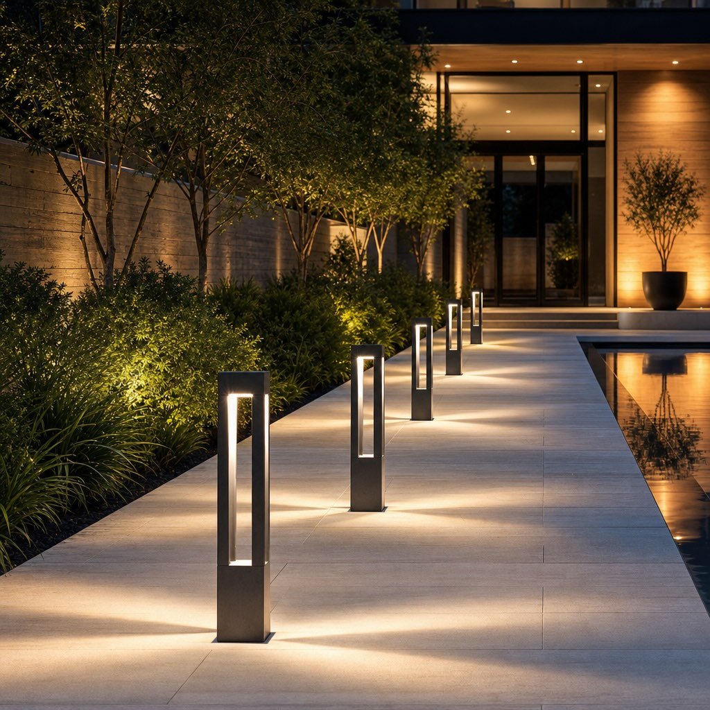 LED Bollard Light in black die-cast aluminum, featuring adjustable height for customizable outdoor landscape lighting. Ideal for pathways and gardens. 3