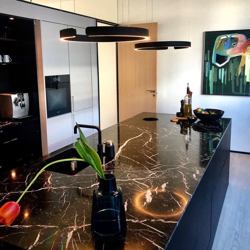 LED ceiling lamp featuring a sleek black and gold modern design, equipped with a dimmable function and adjustable height for customizable lighting solutions in contemporary spaces. 7