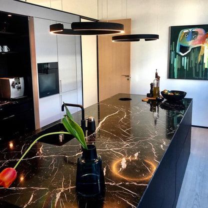 LED ceiling lamp featuring a sleek black and gold modern design, equipped with a dimmable function and adjustable height for customizable lighting solutions in contemporary spaces. 7