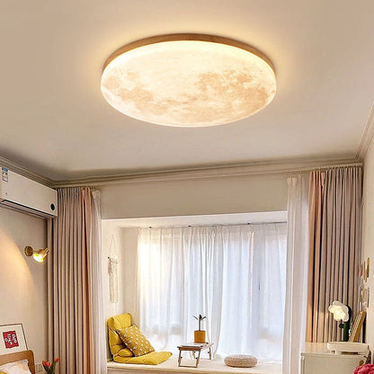 LED ceiling lamp featuring a moonlight effect, designed with a modern minimalist aesthetic in solid wood and acrylic materials. 2