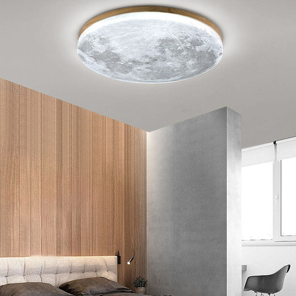 LED ceiling lamp featuring a moonlight effect, designed with a modern minimalist aesthetic in solid wood and acrylic materials. 1