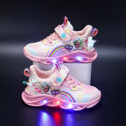 LED children's sneakers featuring a breathable mesh upper and vibrant rainbow glitter, designed for comfort and fun with light-up soles. 5