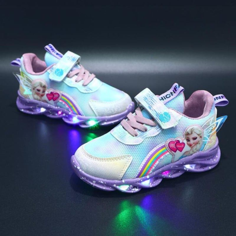 LED children's sneakers featuring a breathable mesh upper and vibrant rainbow glitter, designed for comfort and fun with light-up soles. 8