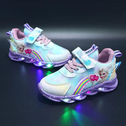 LED children's sneakers featuring a breathable mesh upper and vibrant rainbow glitter, designed for comfort and fun with light-up soles. 8