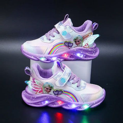 LED children's sneakers featuring a breathable mesh upper and vibrant rainbow glitter, designed for comfort and fun with light-up soles. 4