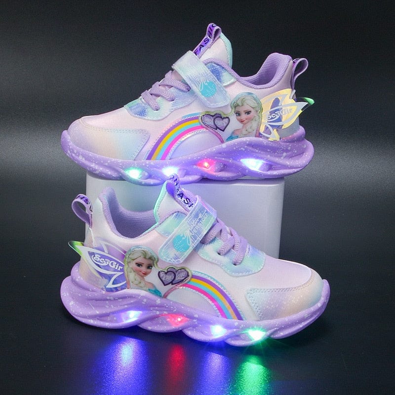 LED children's sneakers featuring a breathable mesh upper and vibrant rainbow glitter, designed for comfort and fun with light-up soles. 9