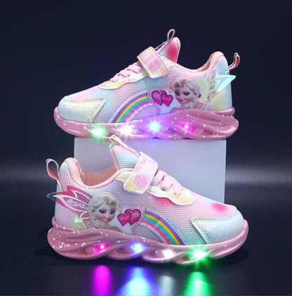 LED children's sneakers featuring a breathable mesh upper and vibrant rainbow glitter, designed for comfort and fun with light-up soles. 10