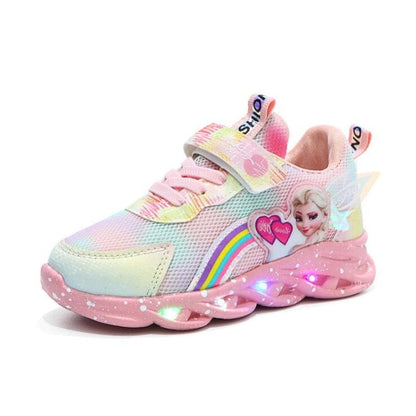 LED children's sneakers featuring a breathable mesh upper and vibrant rainbow glitter, designed for comfort and fun with light-up soles. 6