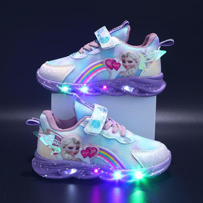 LED children's sneakers featuring a breathable mesh upper and vibrant rainbow glitter, designed for comfort and fun with light-up soles. 11