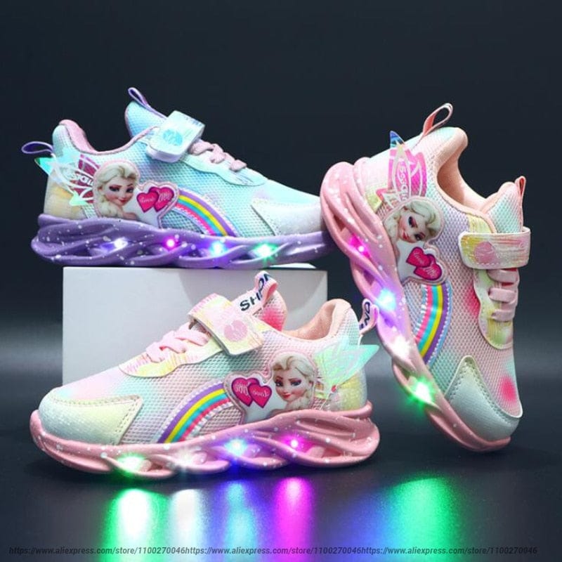 LED children's sneakers featuring a breathable mesh upper and vibrant rainbow glitter, designed for comfort and fun with light-up soles. 1