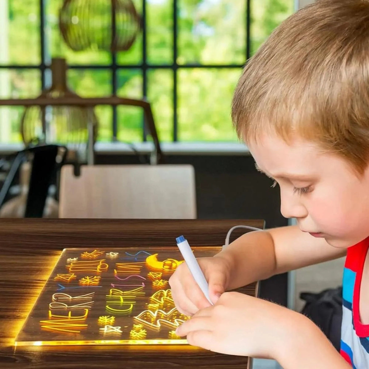 LED Drawing Board for Kids featuring a USB power source, designed as a light-up reusable creative tablet for artistic expression and fun drawing activities. 1