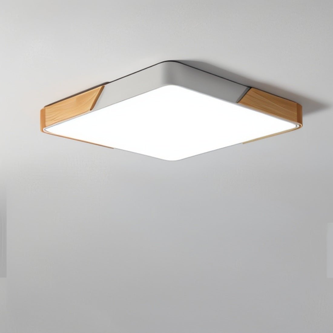 LED flush mount ceiling light featuring a sleek wooden frame, designed with a modern minimalist aesthetic, perfect for enhancing the ambiance of bedrooms and living rooms. 3