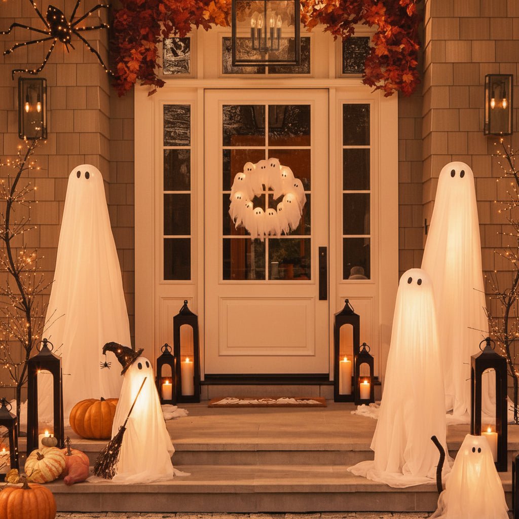 LED Ghost Wreath featuring battery-operated lights and spooky gauze accents, perfect for Halloween door decoration. 4