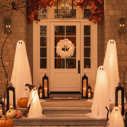 LED Ghost Wreath featuring battery-operated lights and spooky gauze accents, perfect for Halloween door decoration. 4