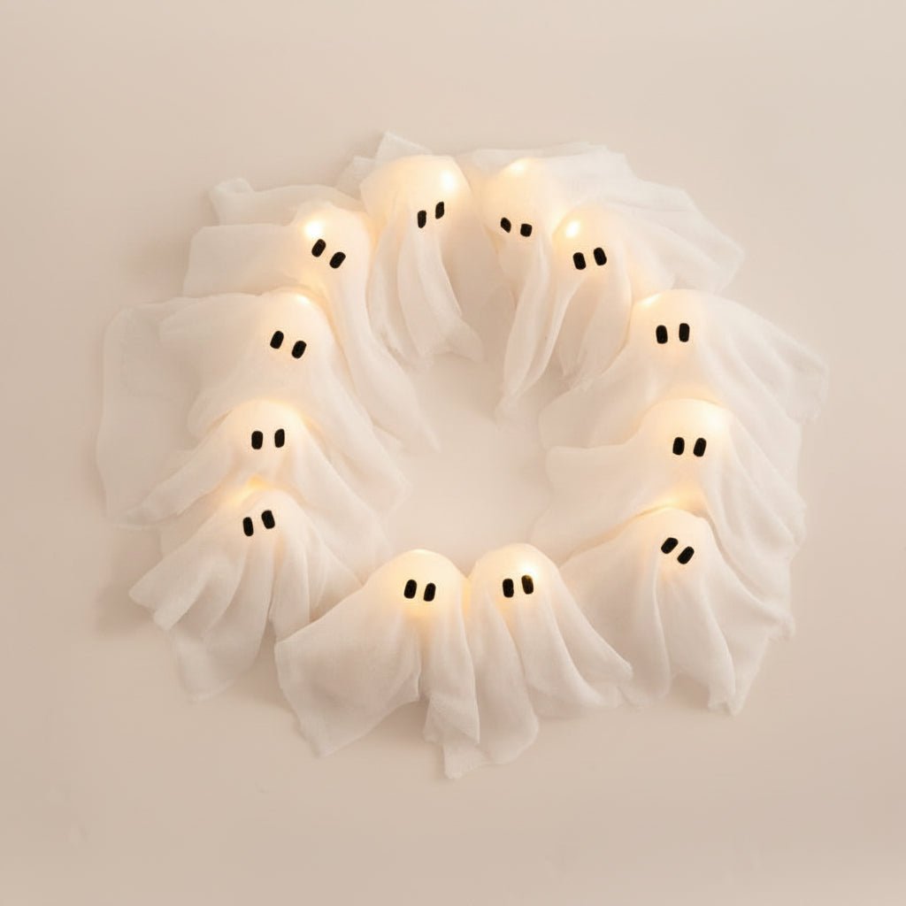 LED Ghost Wreath featuring battery-operated lights and spooky gauze accents, perfect for Halloween door decoration. 2
