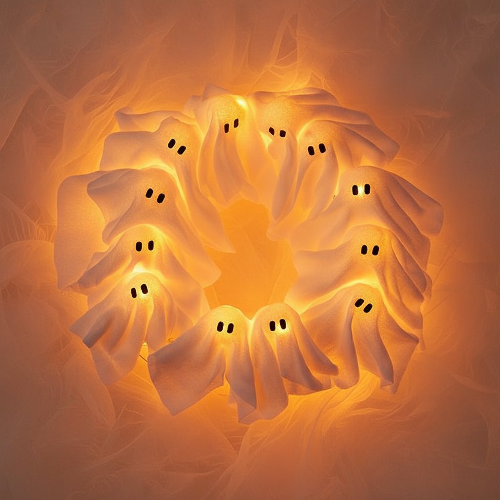 LED Ghost Wreath featuring battery-operated lights and spooky gauze accents, perfect for Halloween door decoration. 1