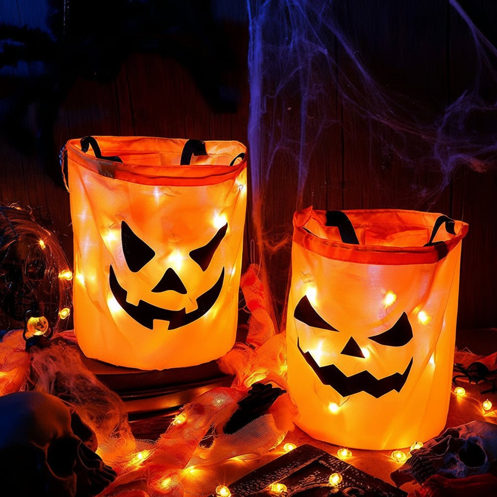 LED Halloween trick or treat bag featuring a reusable pumpkin design with built-in light, perfect for candy collection during Halloween festivities. 1