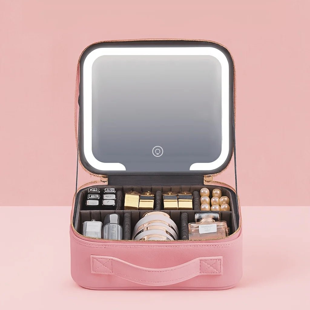 LED Makeup Organizer Case in pink and black featuring an adjustable mirror and custom dividers, designed for travel convenience and organized cosmetics storage. 0