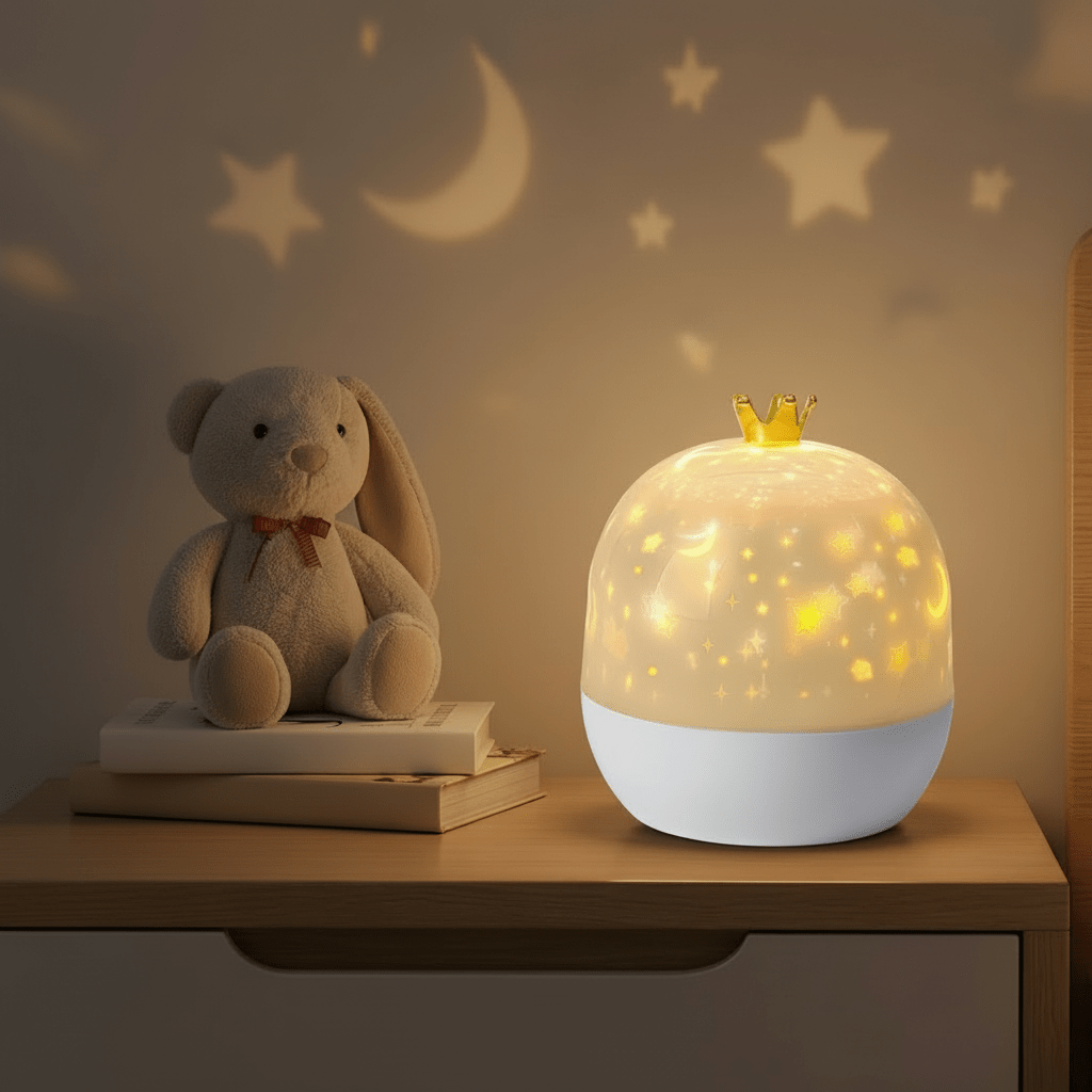 LED Night Sky Projector Lamp with themed slides, featuring a sensory night light design for kids, showcasing a safe and durable construction, perfect for creating a 2