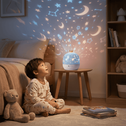 LED Night Sky Projector Lamp with themed slides, featuring a sensory night light design for kids, showcasing a safe and durable construction, perfect for creating a 0