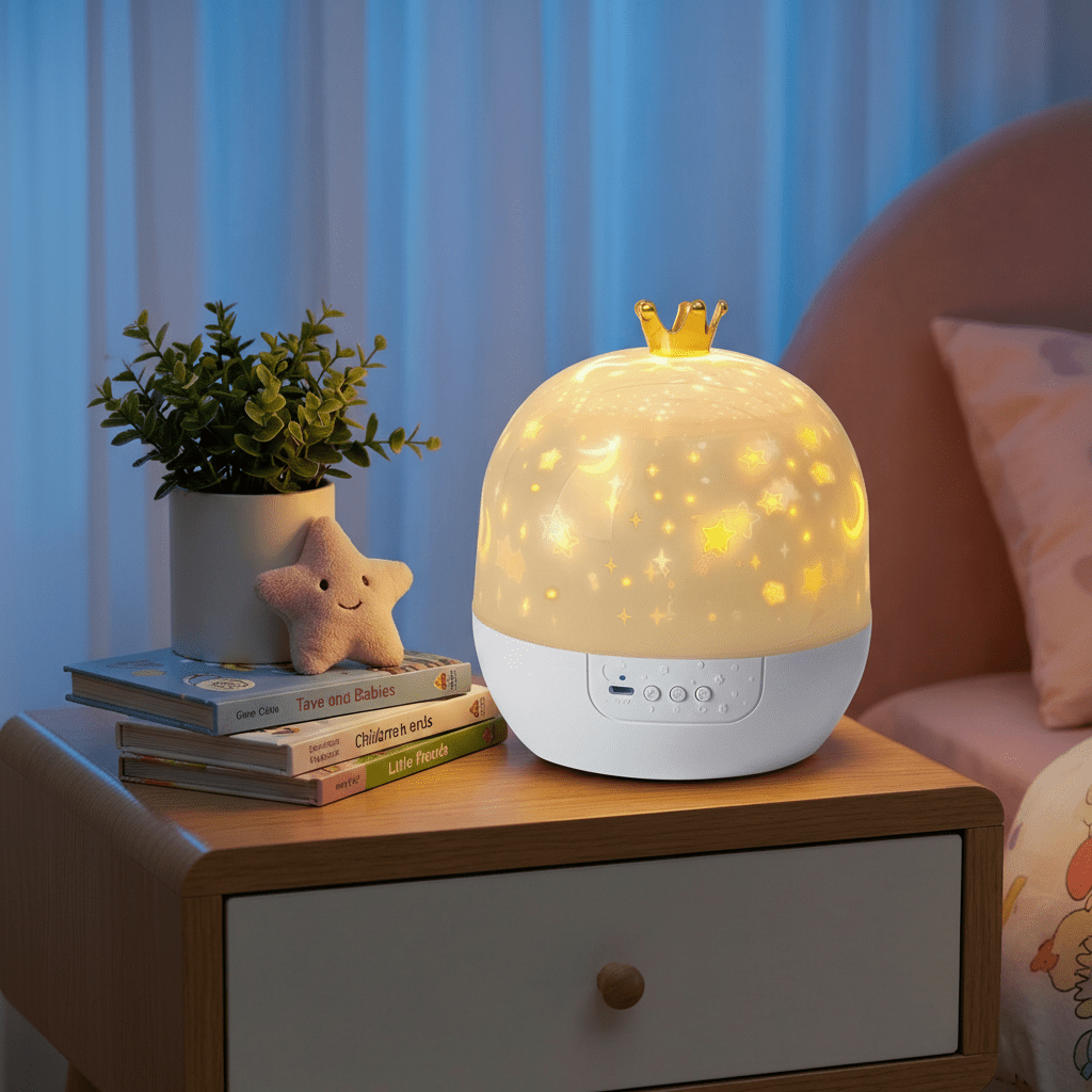 LED Night Sky Projector Lamp with themed slides, featuring a sensory night light design for kids, showcasing a safe and durable construction, perfect for creating a 4
