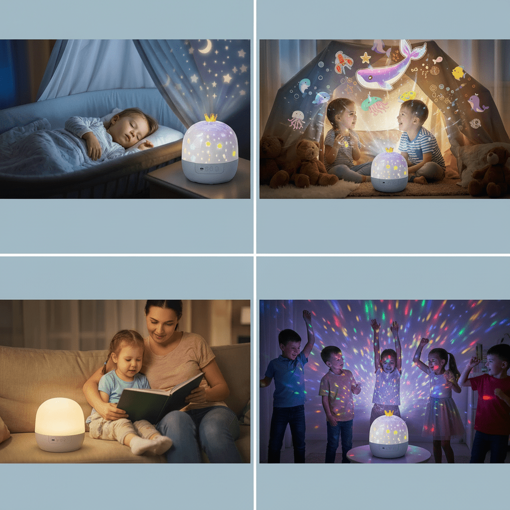 LED Night Sky Projector Lamp with themed slides, featuring a sensory night light design for kids, showcasing a safe and durable construction, perfect for creating a 3
