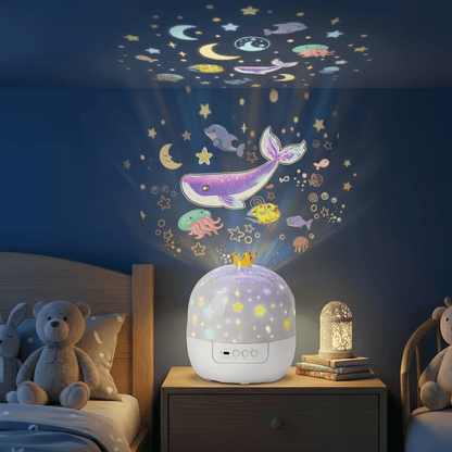 LED Night Sky Projector Lamp with themed slides, featuring a sensory night light design for kids, showcasing a safe and durable construction, perfect for creating a 1
