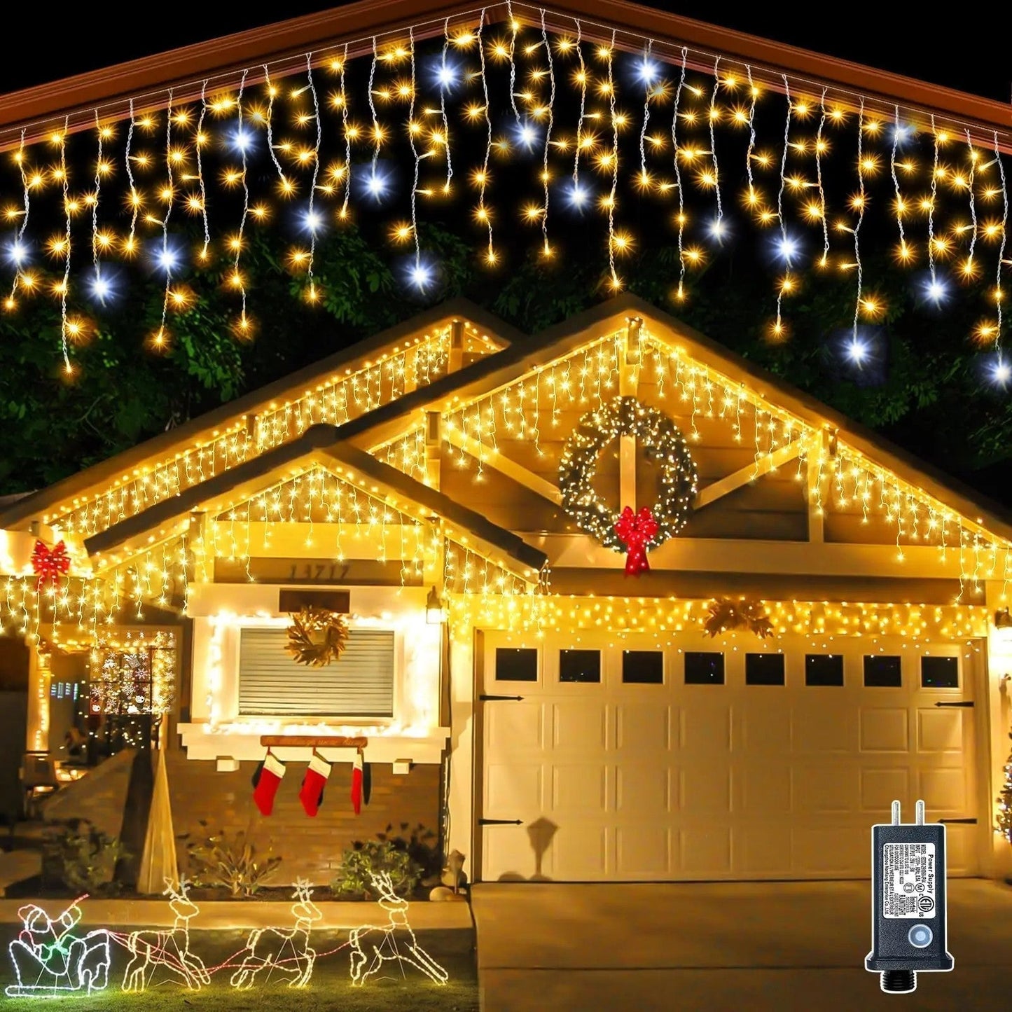 LED outdoor light curtains with twinkling effect, measuring 4 meters, in warm white, waterproof IP44 string lights perfect for festive decorations. 0