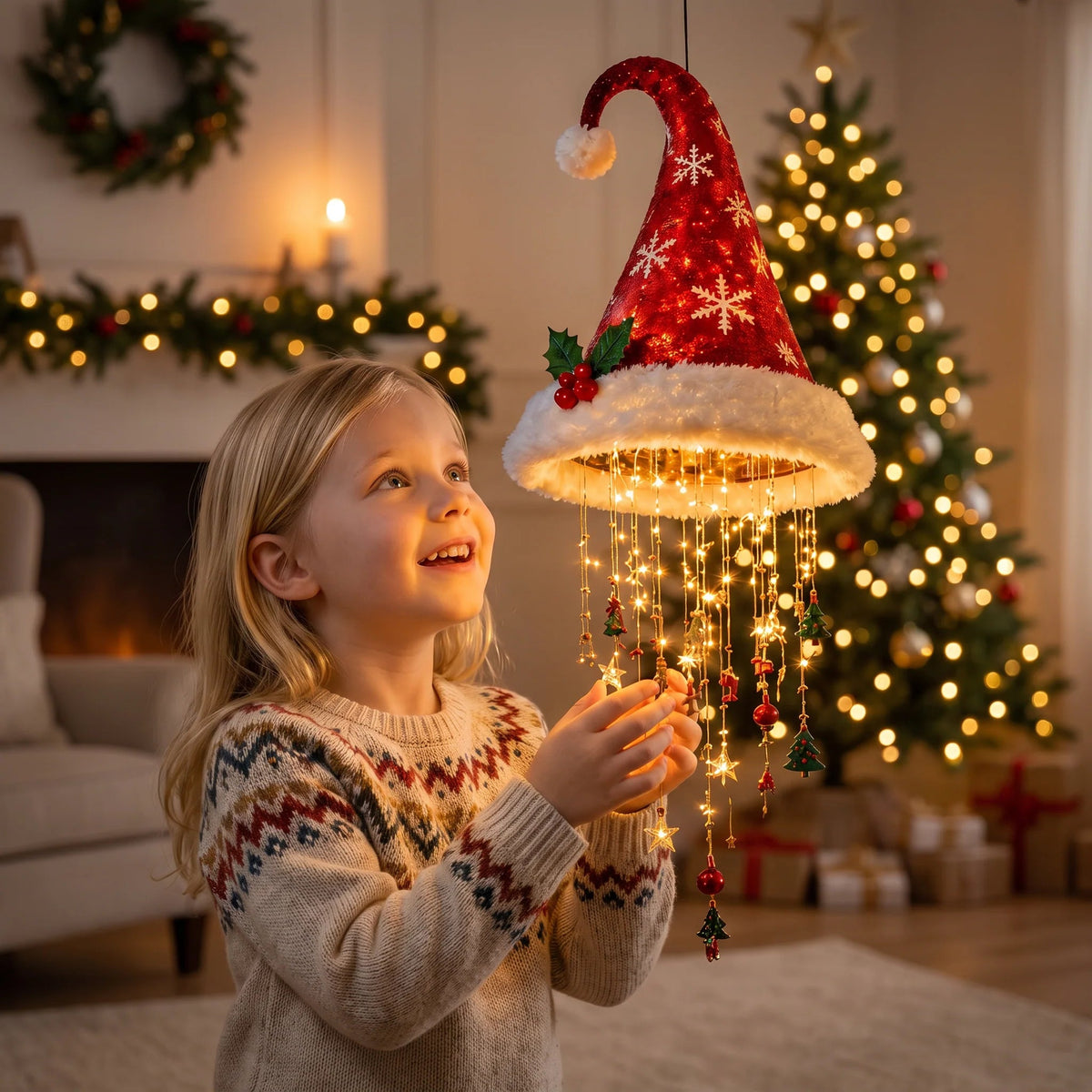 LED Santa Hat with string lights, featuring a festive red and white fabric design, perfect for Christmas celebrations and holiday festivities. 0