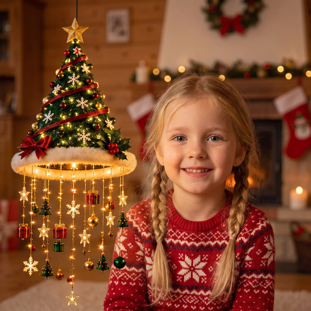 LED Santa Hat with string lights, featuring a festive red and white fabric design, perfect for Christmas celebrations and holiday festivities. 4