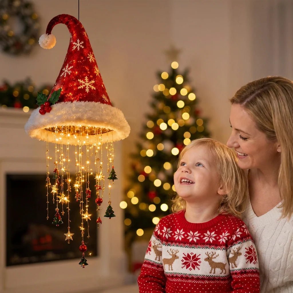 LED Santa Hat with string lights, featuring a festive red and white fabric design, perfect for Christmas celebrations and holiday festivities. 2